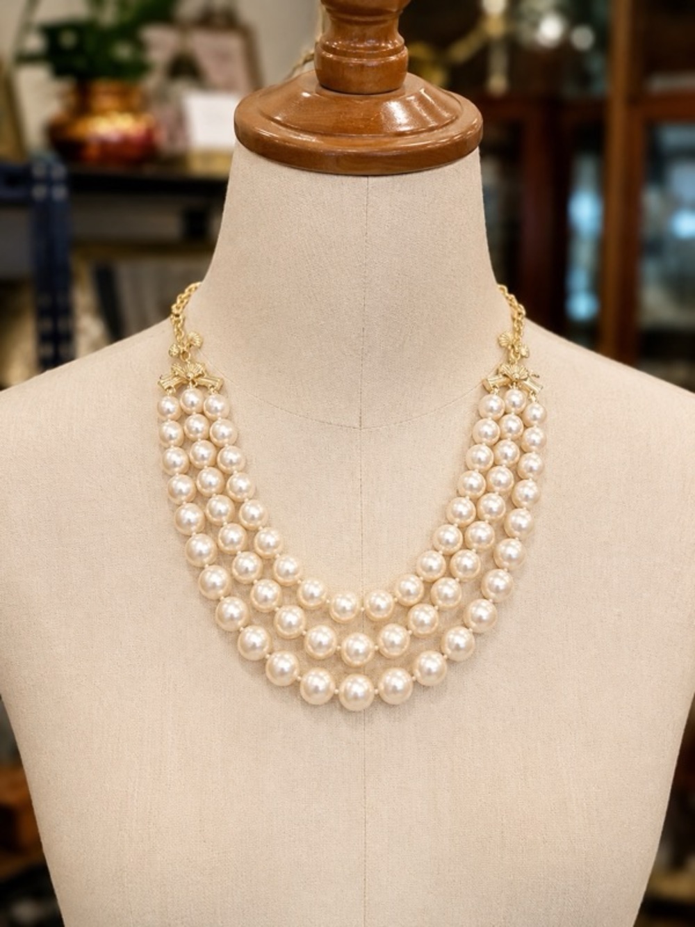 Gold-Chain Triple Strand Cream Pearl Necklace